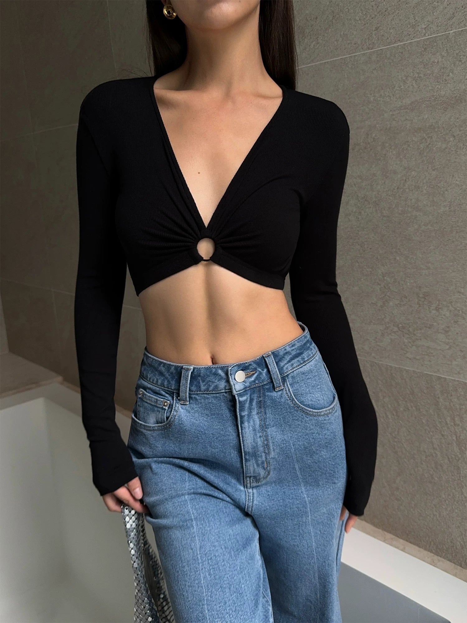 Ring Detail Plunge Crop Top