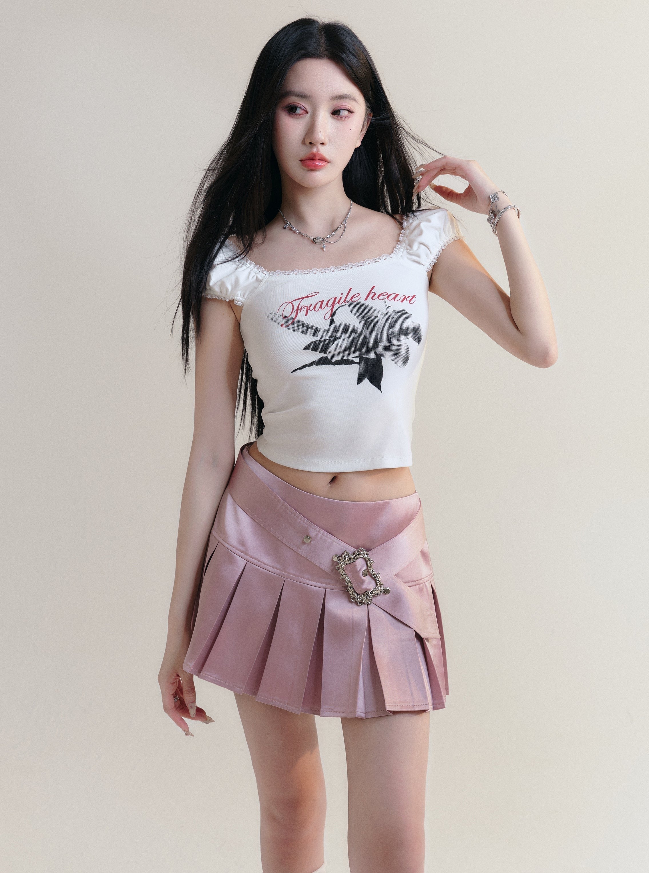 Fragile Heart Puff-Sleeve Graphic Crop Top