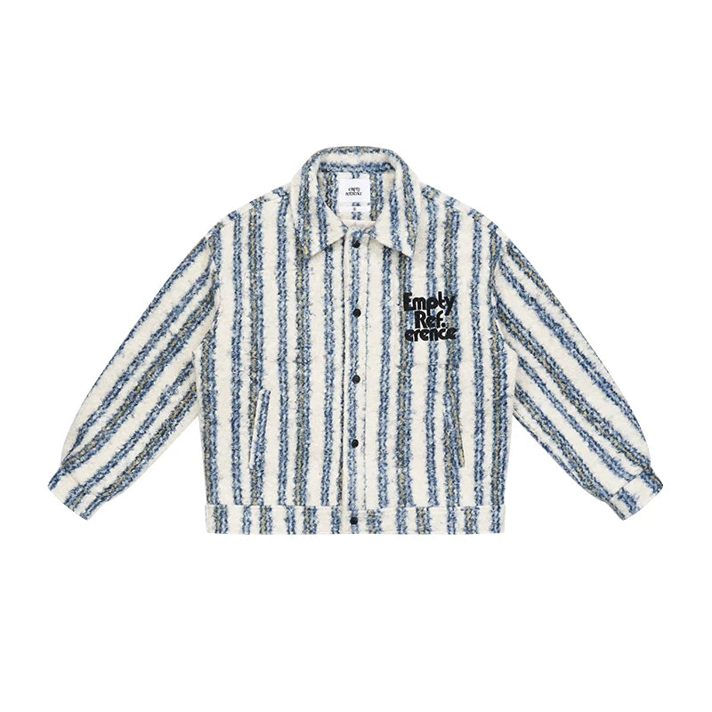 Cozy Striped Plush Pocket Embroidery Tweed Jacket - chiclara