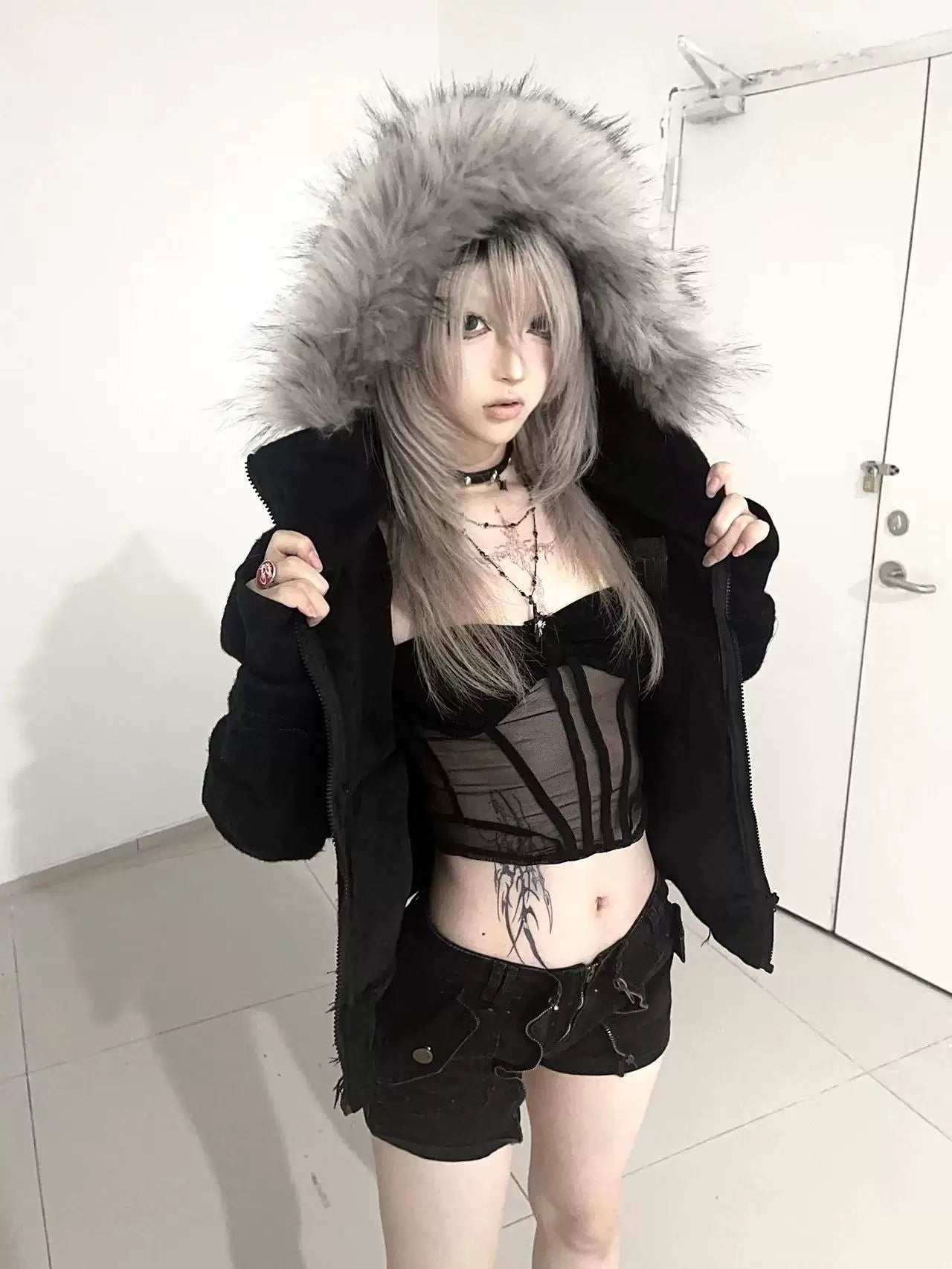 Cross Coffin Gold Raccoon Fur Cropped Hoodie