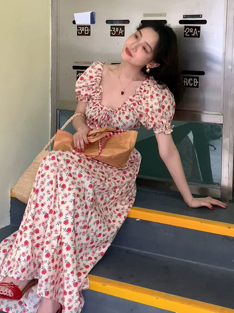 Puff-Sleeve Maxi Dress with Red Floral Print