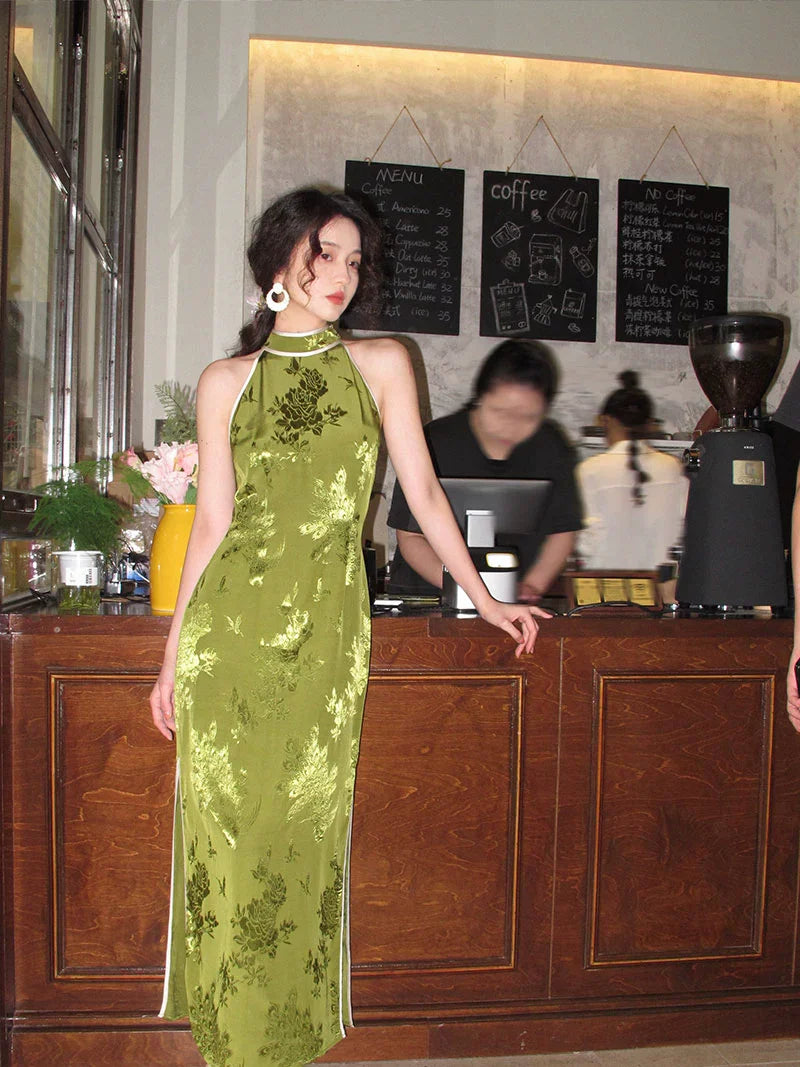 Green Floral Halter Neck Cheongsam Dress