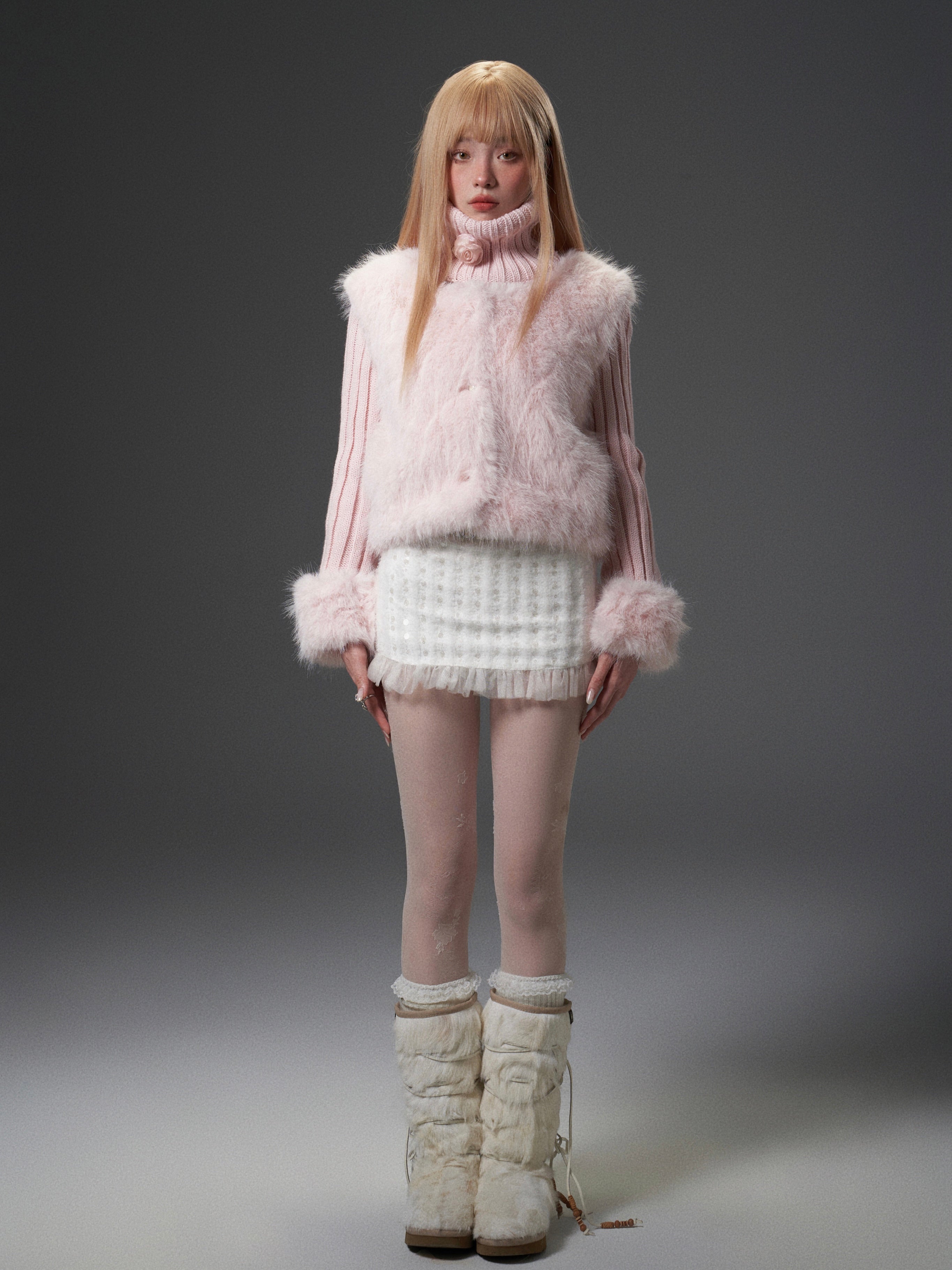 Pink Mixed-Texture Fur Jacket