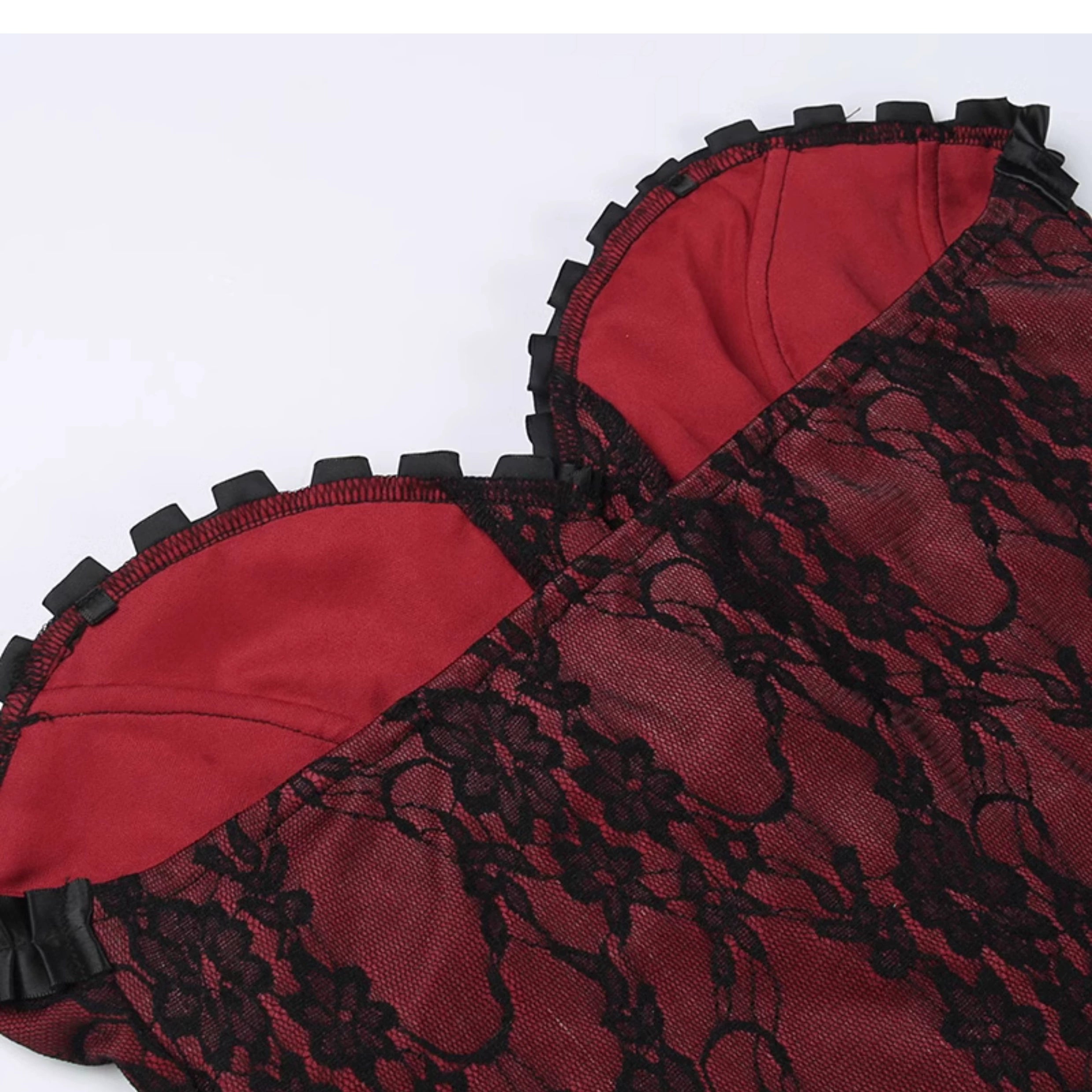 Wannathis Gothic Lace-Up Corset - Red And Black Floral Brocade Bustier With Ruffle Trim