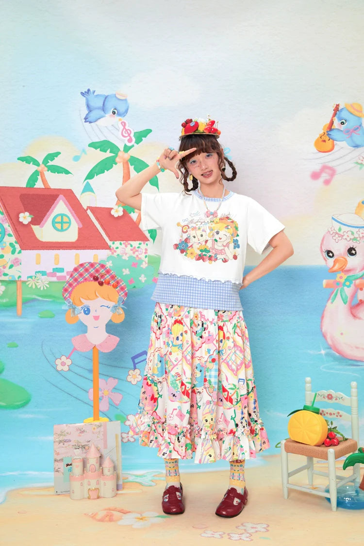 Sweet Cartoon Party Ruffle Cotton Skirt