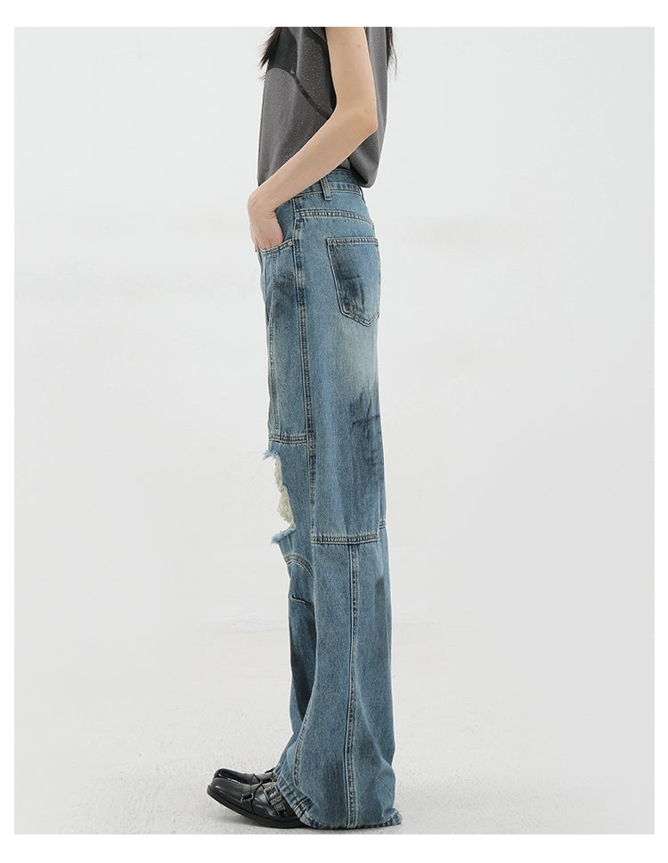 Vintage Distressed And Dirt-Dyed Patchwork Wide-Leg Jeans - chiclara