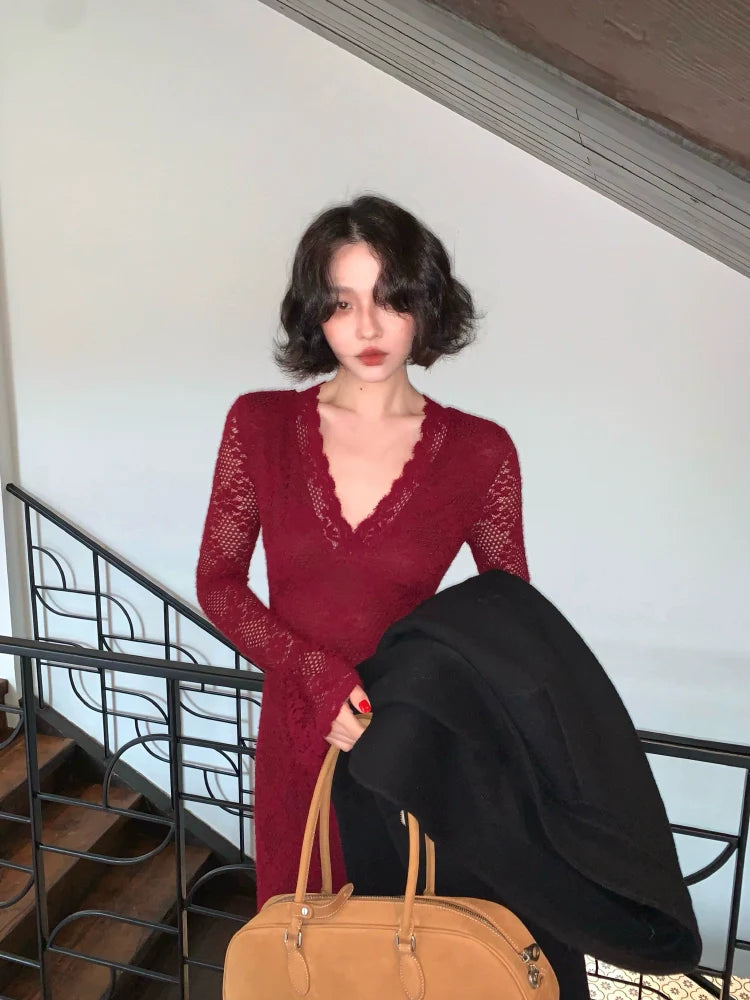 French Lace Long Sleeve Maxi Dress