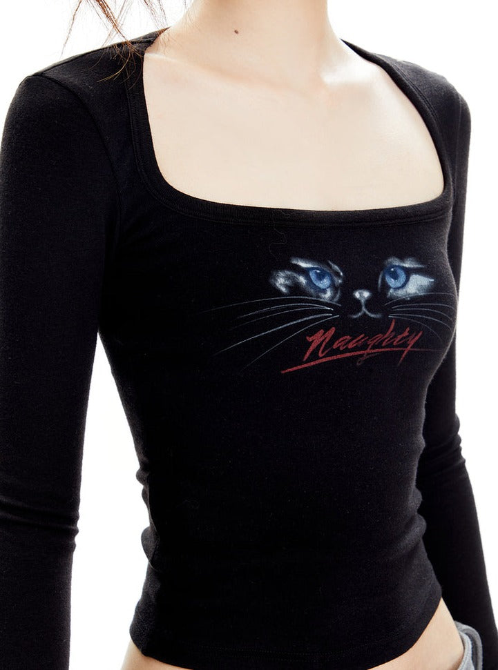 Long-Sleeve Crop Top with Cat Graphic