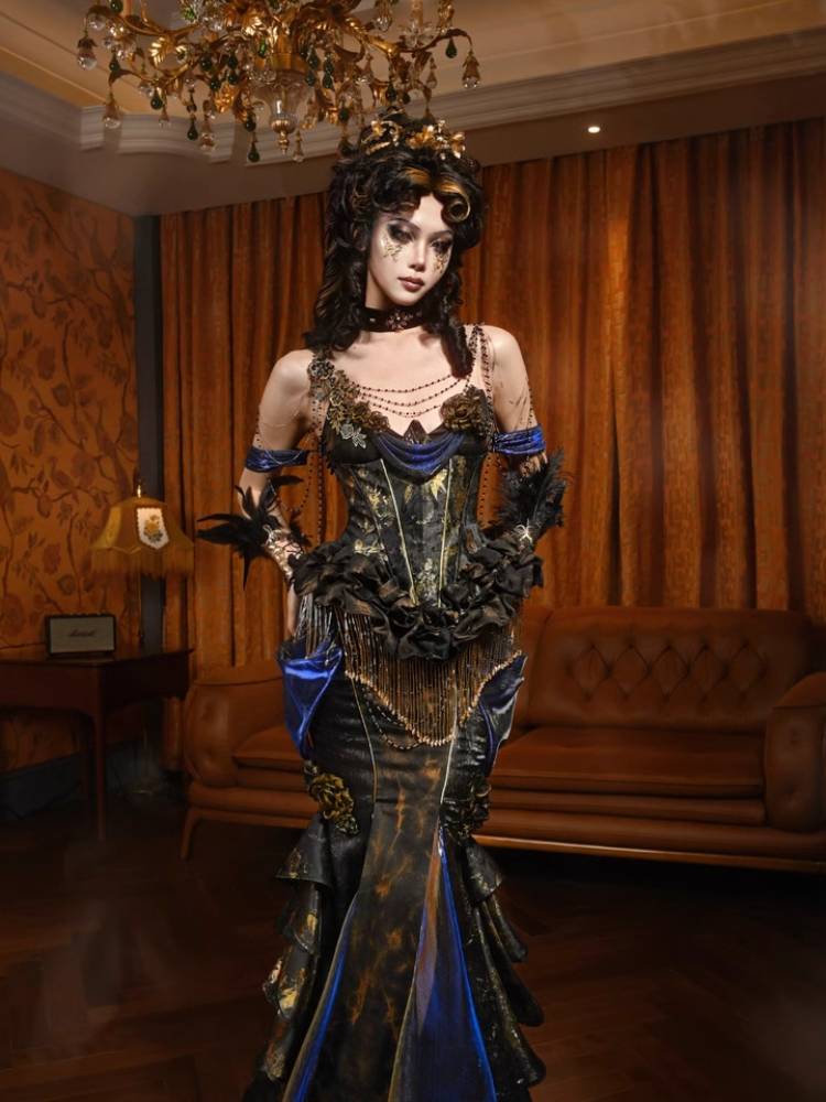 Victorian Steampunk Corset Dress - Gold Satin Gothic Ball Gown