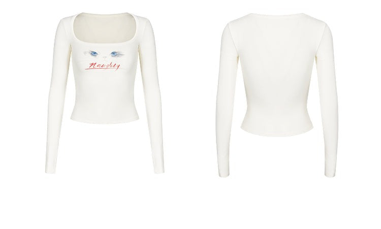 Long-Sleeve Crop Top with Cat Graphic