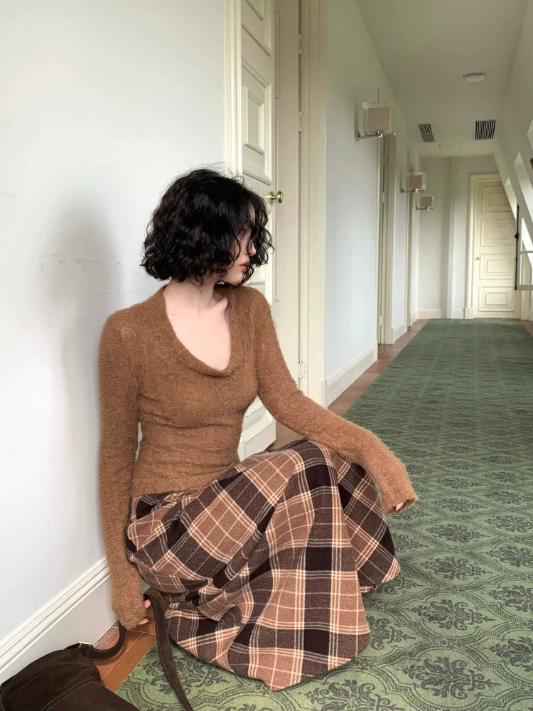 Brown and Black Plaid A-Line Maxi Skirt