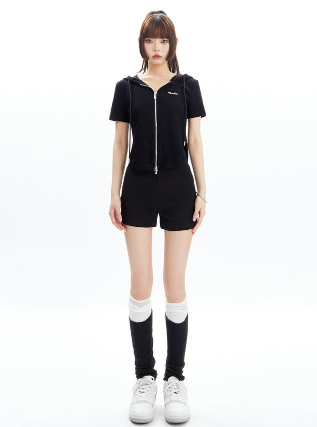 Hooded Zipper Short Sleeve T-shirt