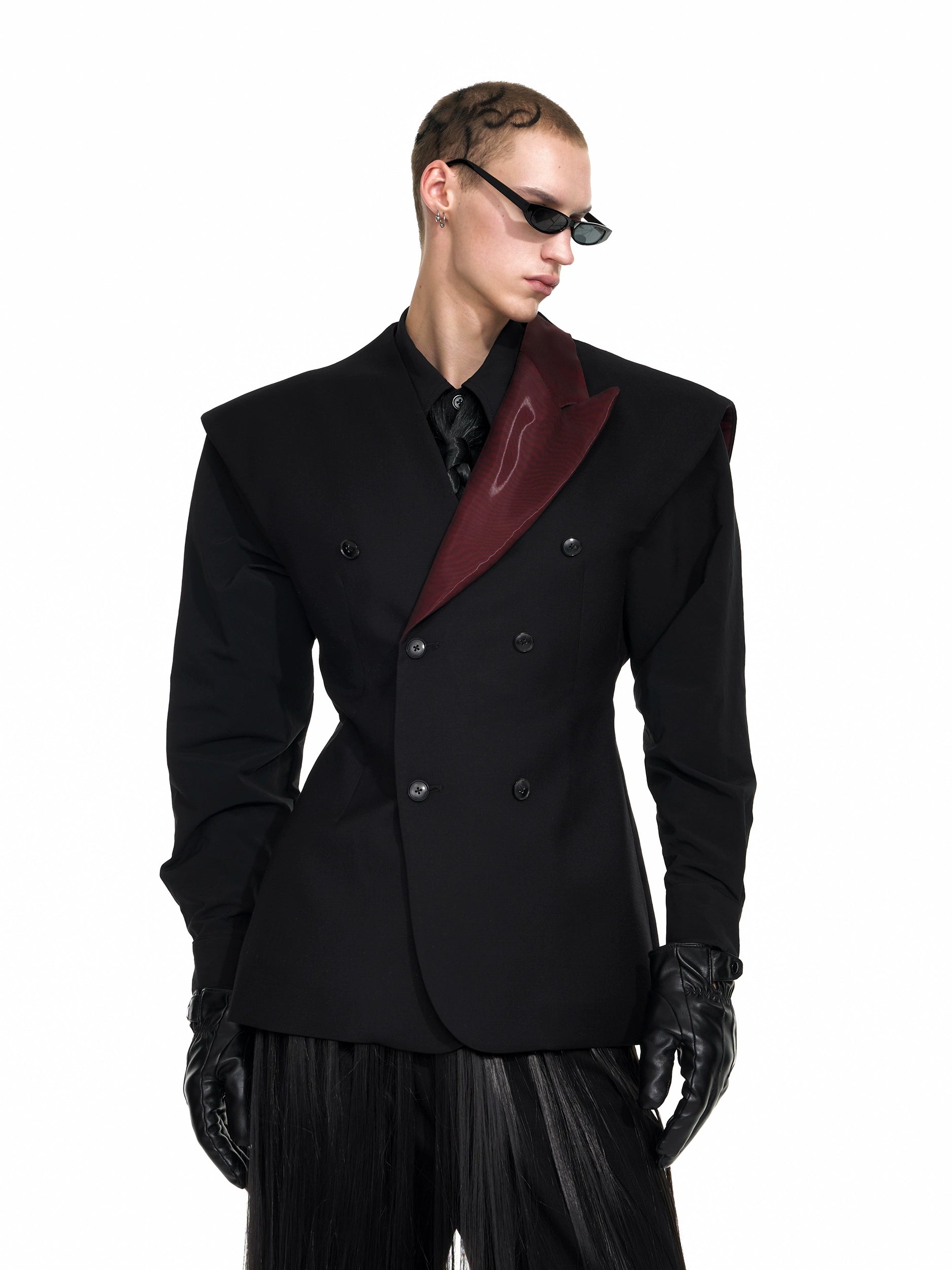 Double-Breasted Black Blazer with Asymmetrical Burgundy Lapel