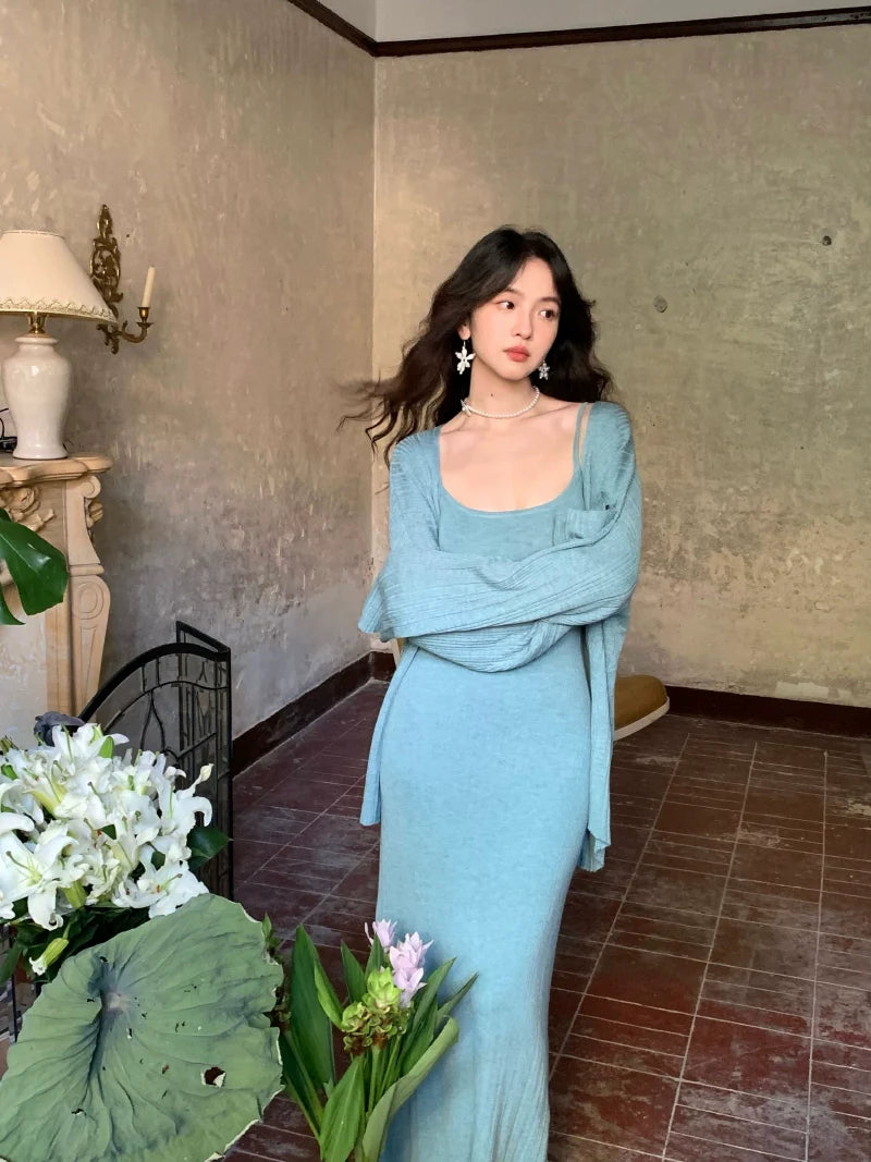Knit Sleeveless Maxi Dress and Cardigan Setup