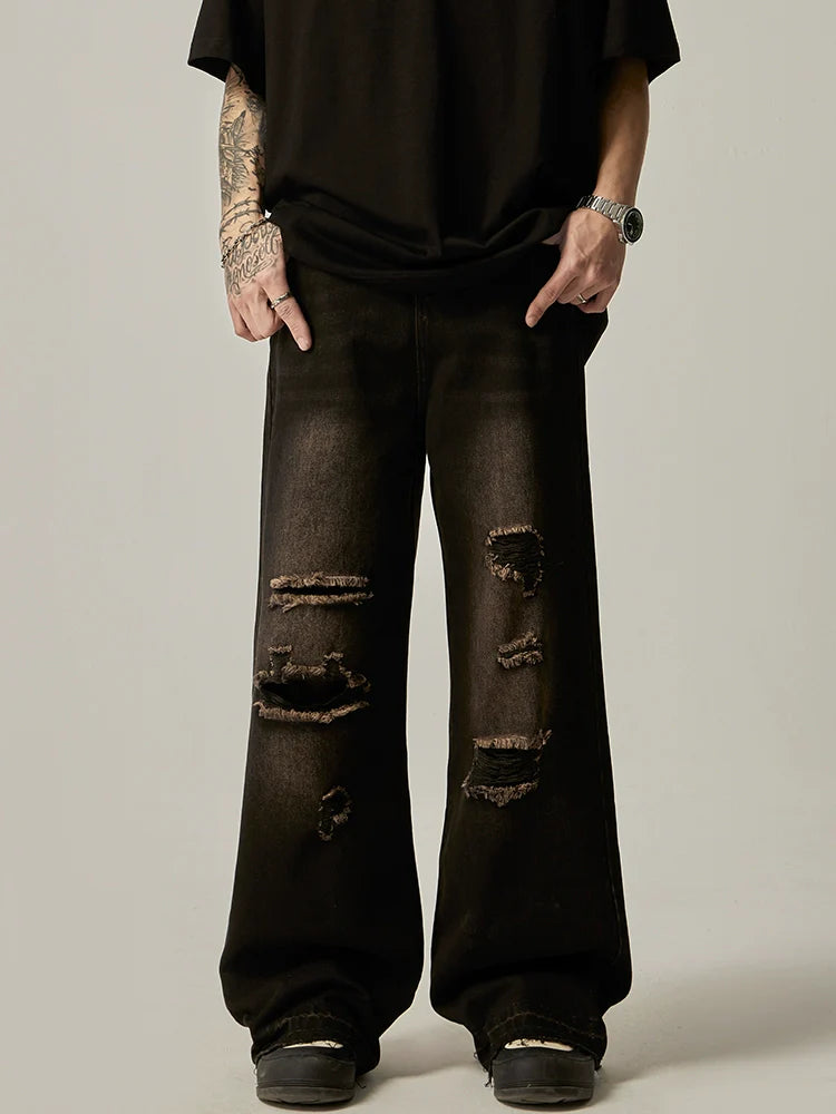 Distressed Wide-Leg Charcoal Denim Jeans