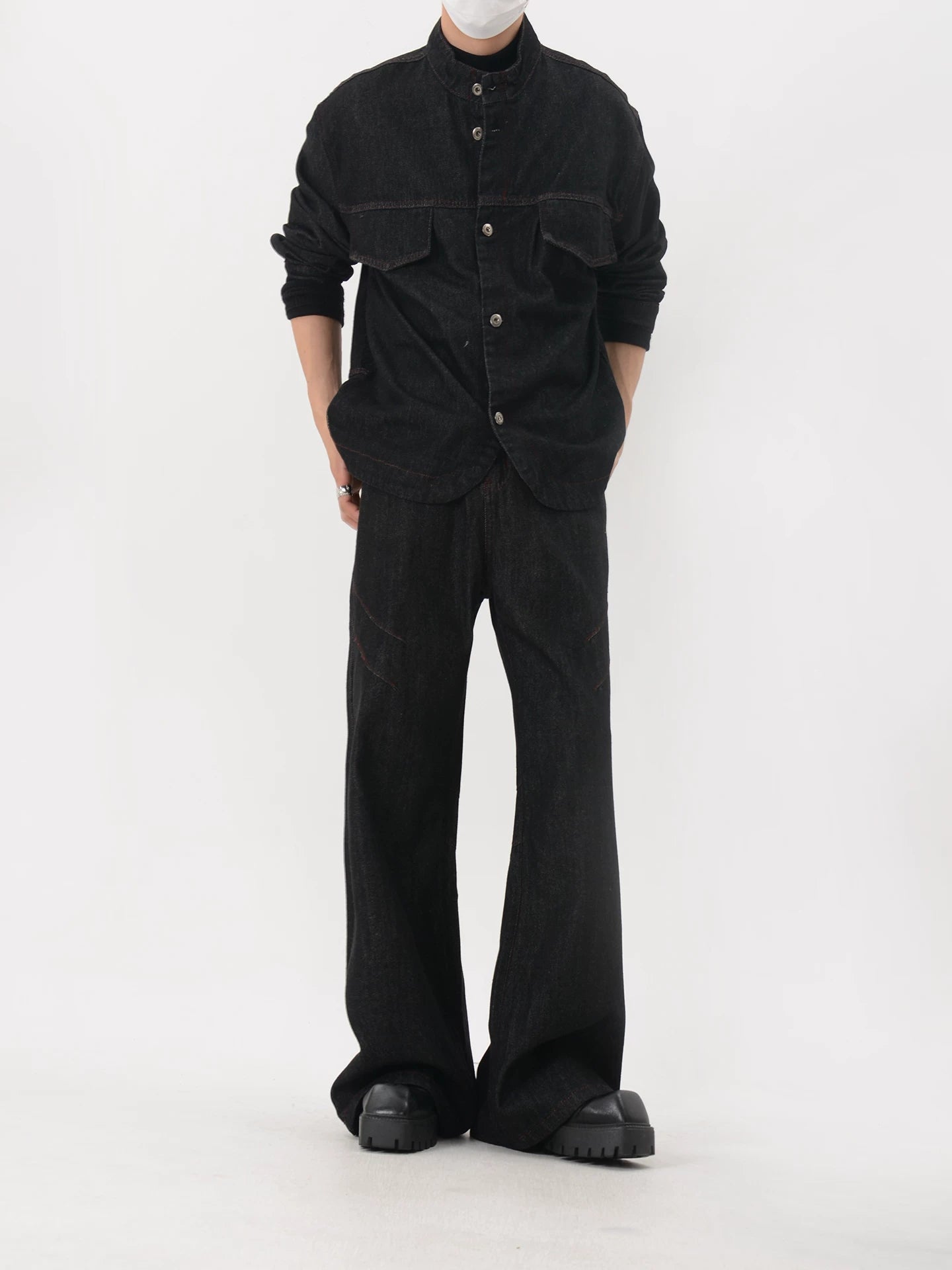 Stand-Collar Utility Pocket Denim Jacket