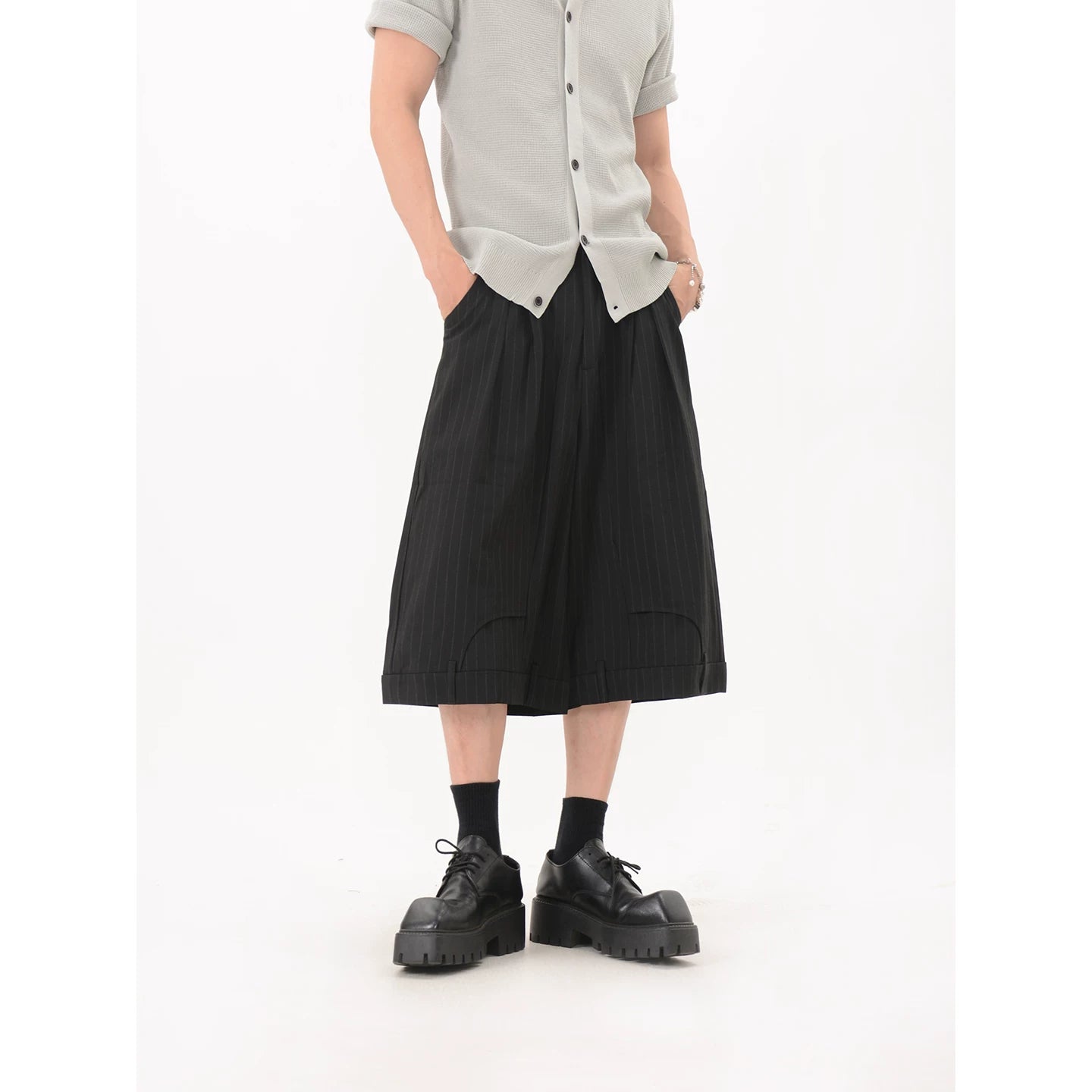 Pinstripe Pleated Wide Leg Culotte Pants