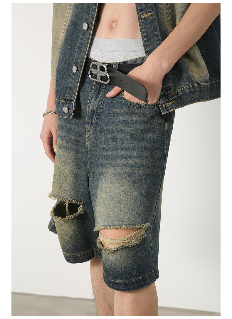 Distressed Faded Wide Leg Denim Shorts