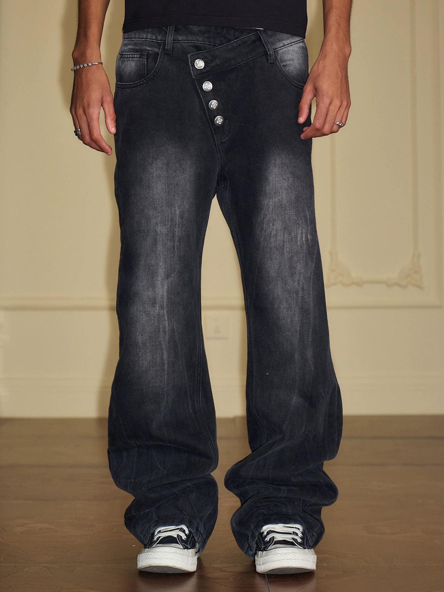 Washed Asymmetric Waist Wide-Leg Jeans