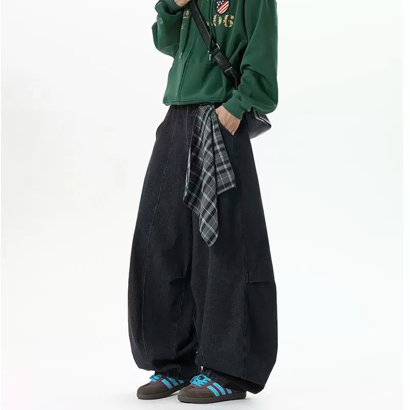 Plaid-Tie Barrel Denim Pants