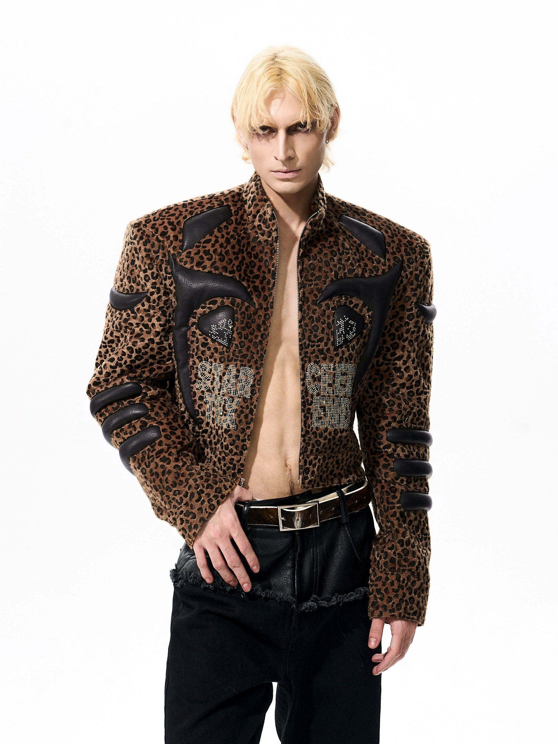 Leopard Print Jacket with Black Faux Leather Appliqué and Studded Detailing