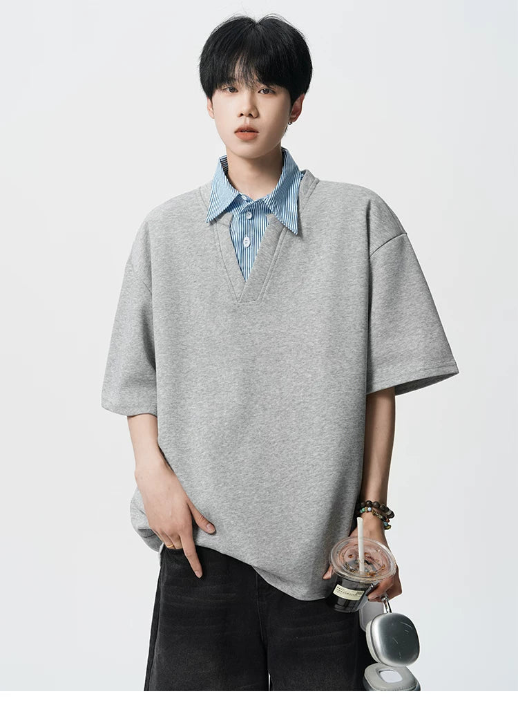 Layered V-Placket Oversize Polo Tee