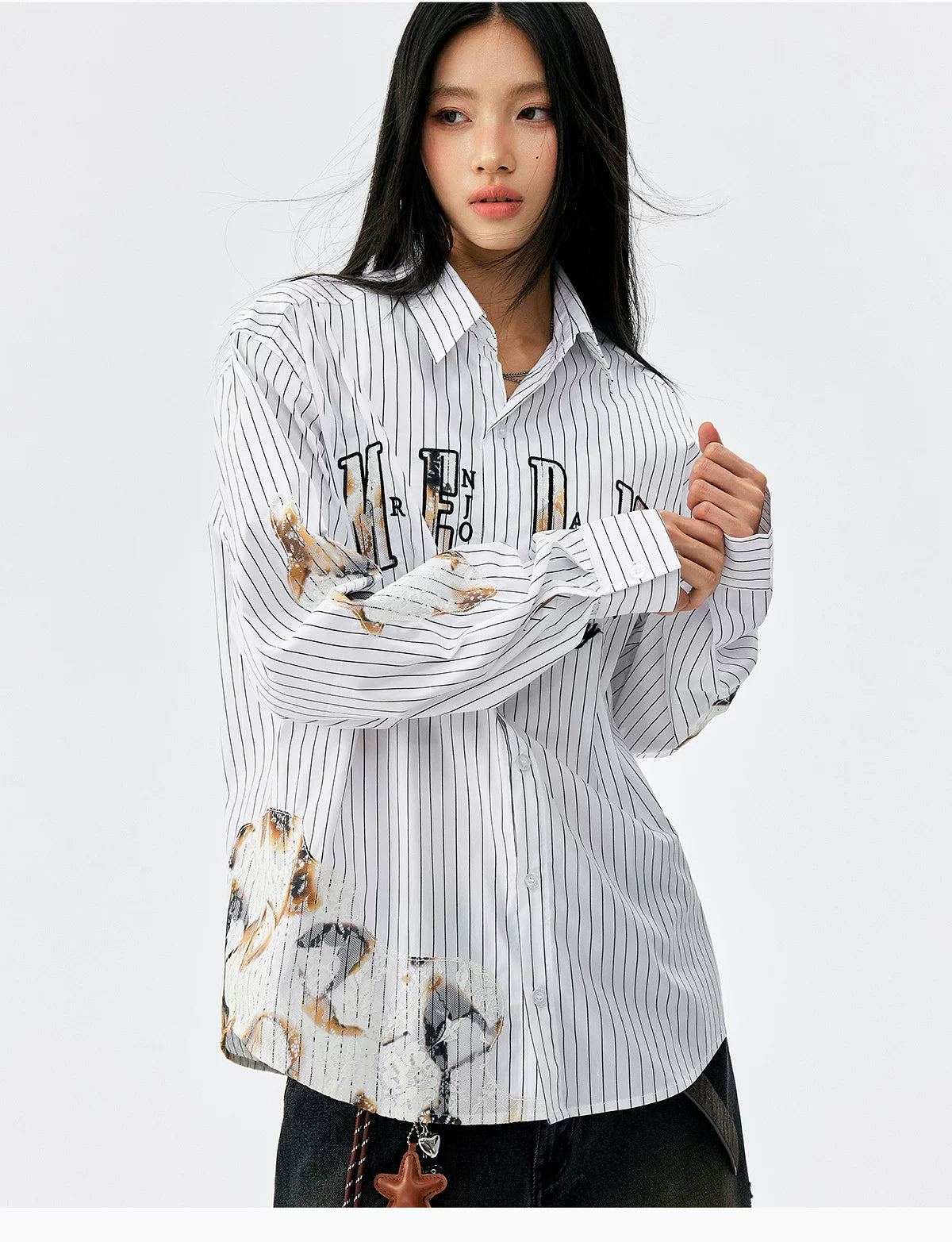 Lace Patchwork Pinstripe Shirt