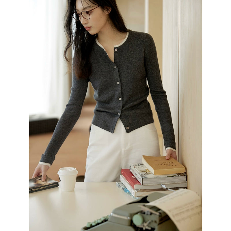 Button-Up Cardigan Sweater with White Fake Inner Layer
