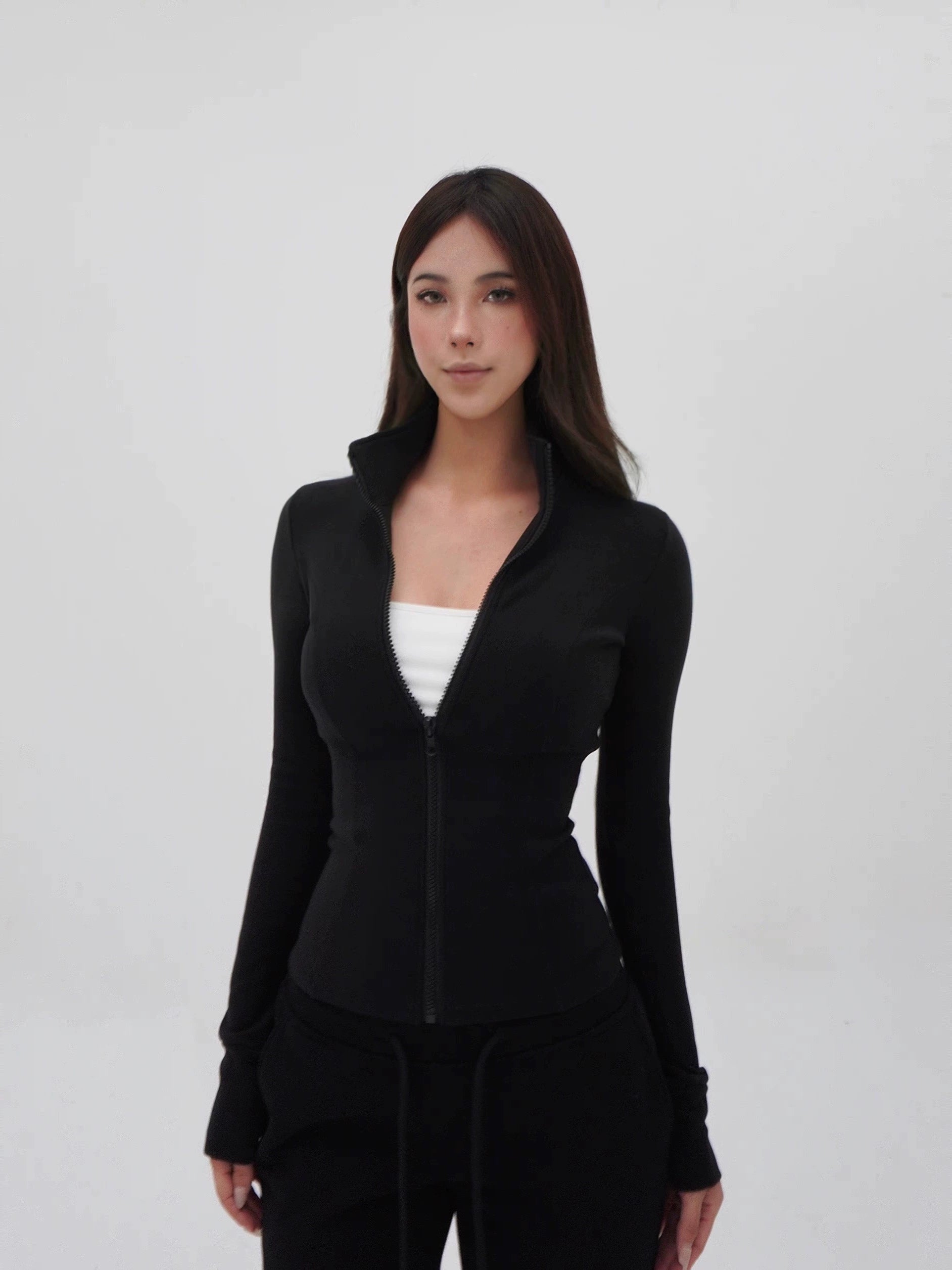 Mock Turtleneck Zip-Up Fitted Top