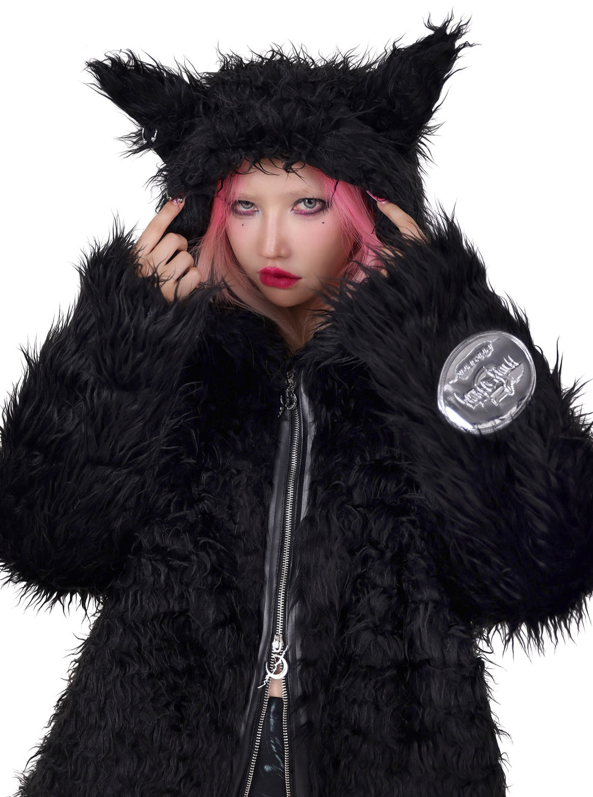 PINKSPINK Furry Cat-Ear Hooded Jacket - Black