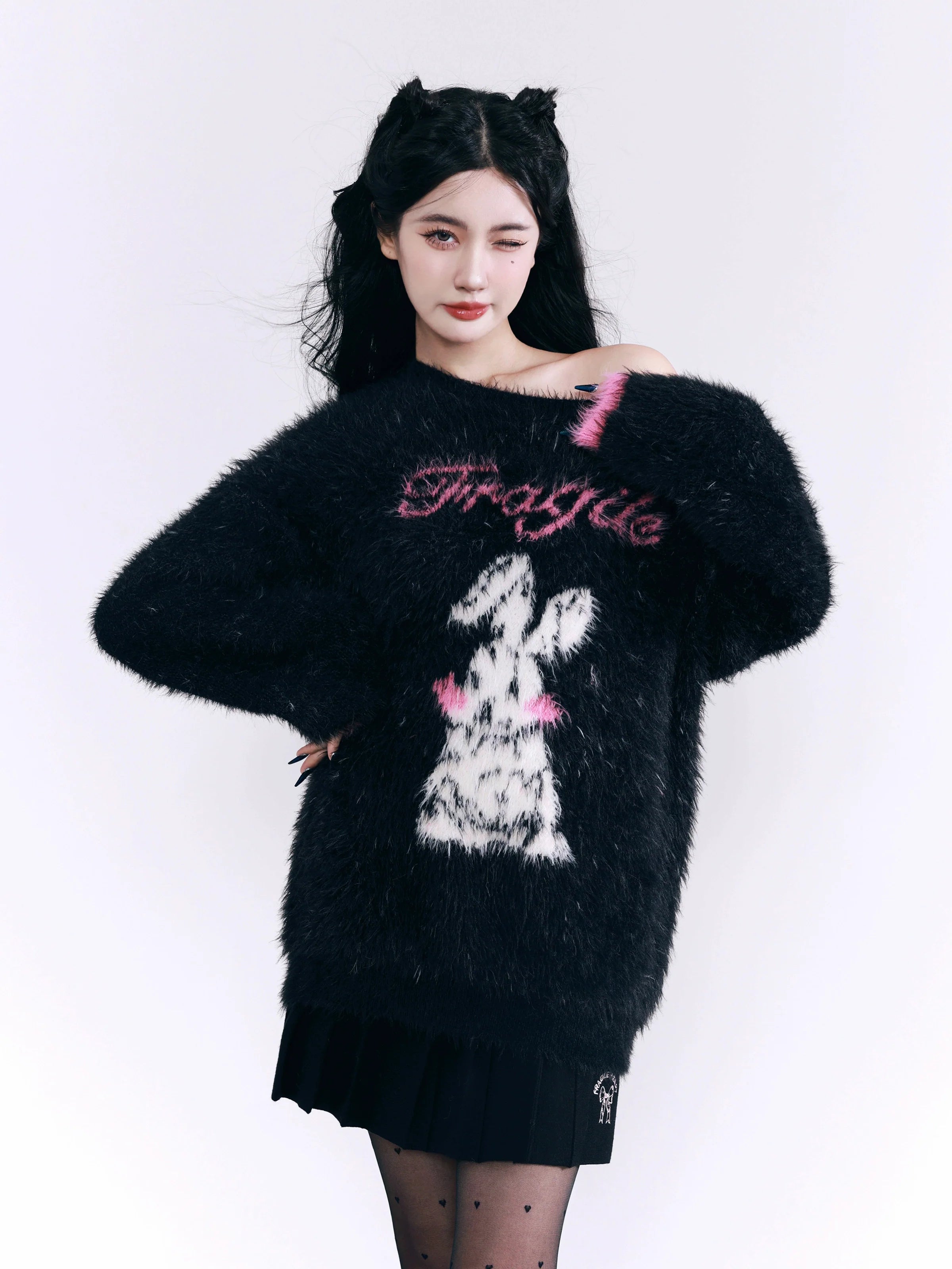 Fuzzy Bunny 'Fragile Heart' Sweater - Black and Pink Fluffy Graphic Jumper