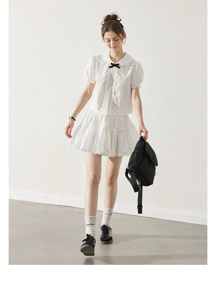 White Lace Peter Pan Collar Blouse and Skirt Set