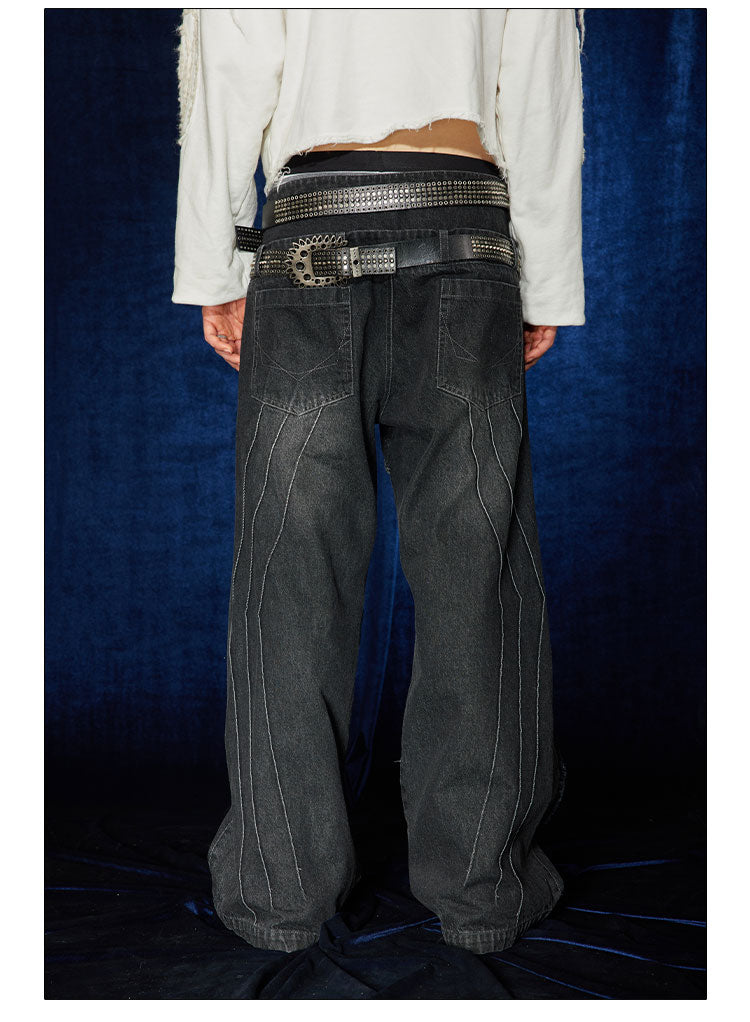 Washed Double Waist Stitch Wide Leg Jeans