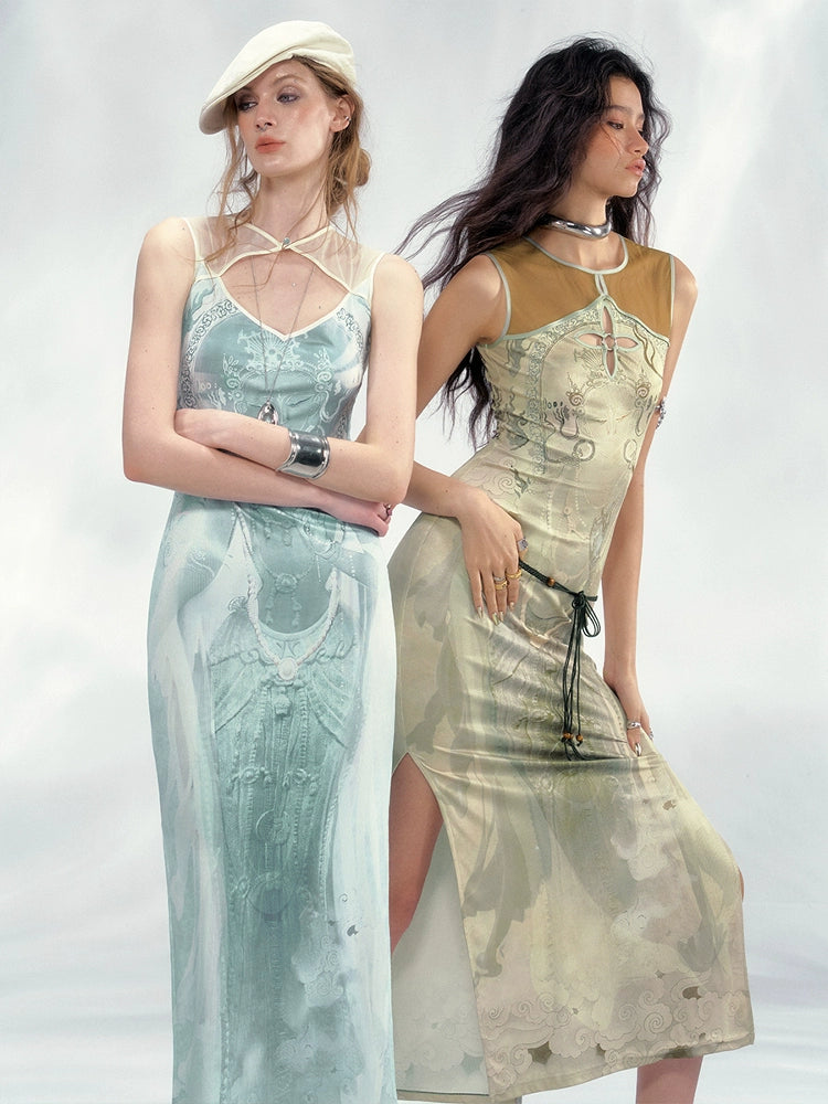 Green Floral Embroidered Slip Dress