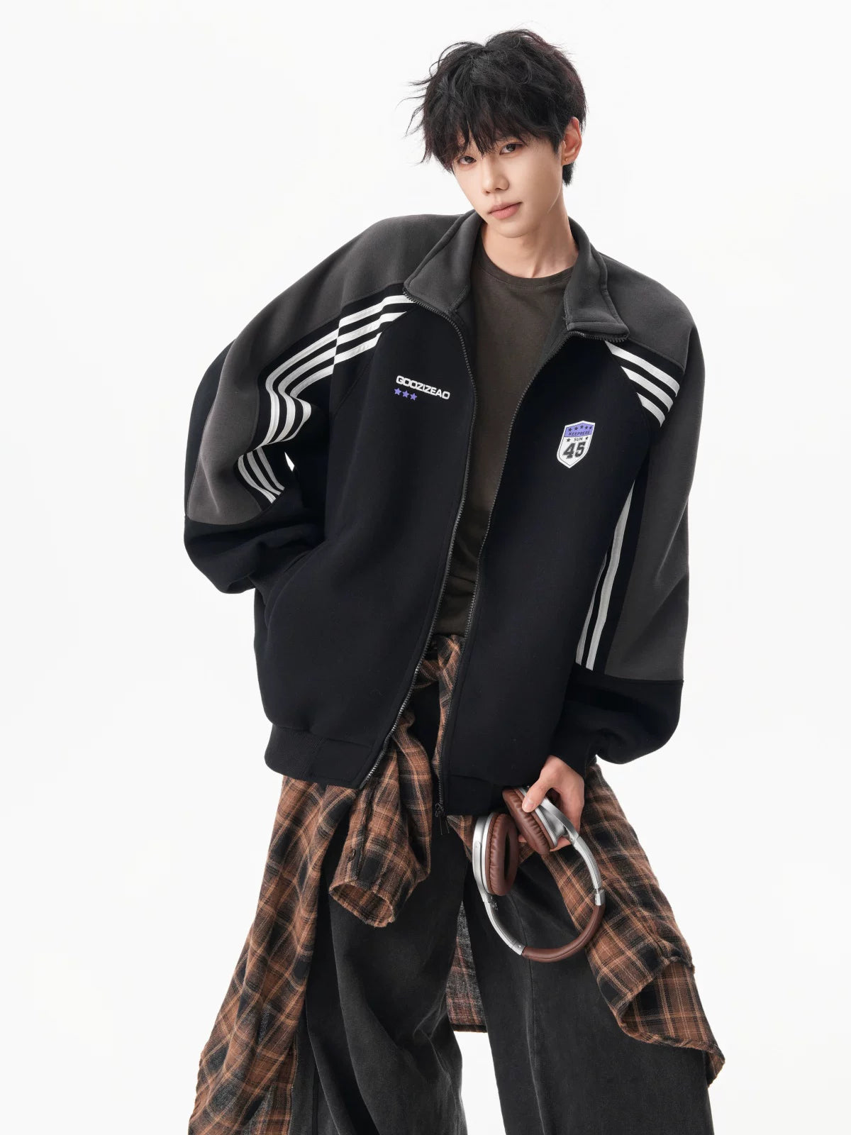 Varsity Track Stripe Zip Bomber Sweater