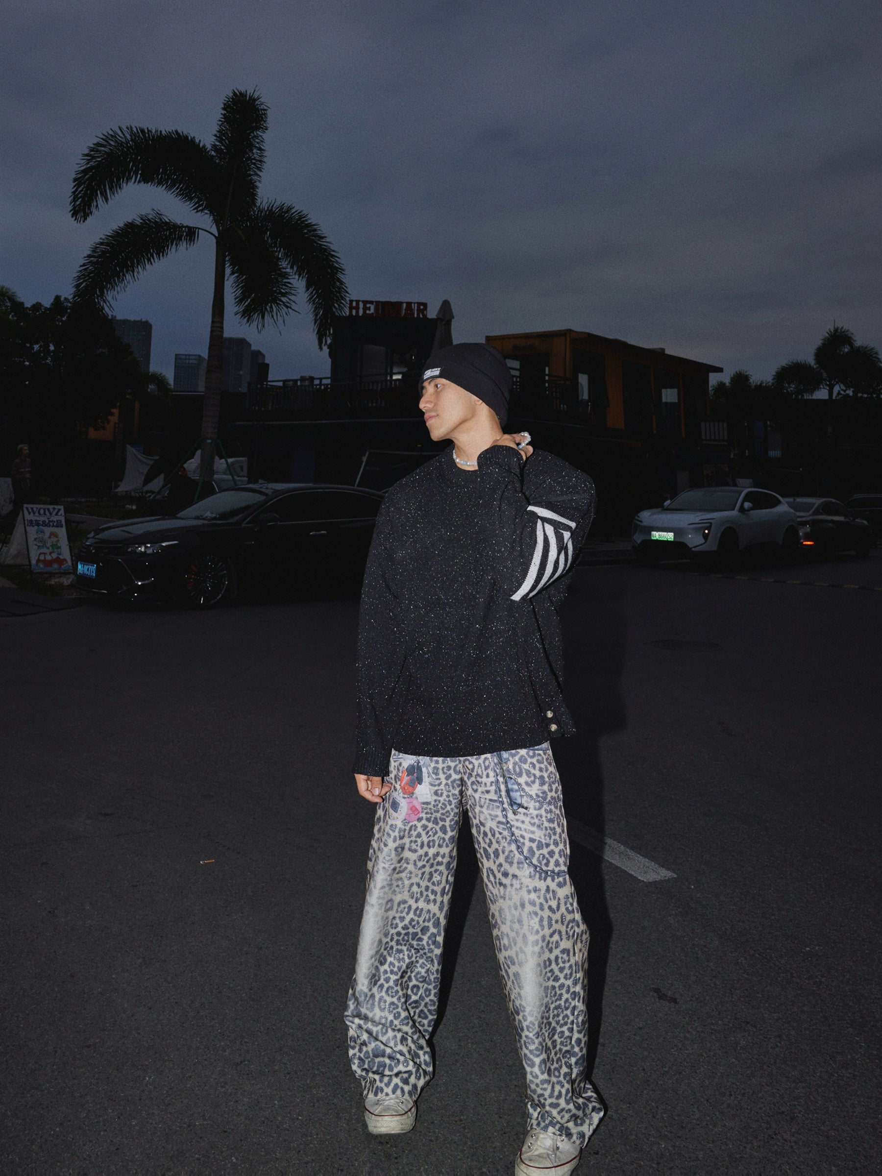 Granite Fleck Stripe-Sleeve Knit Sweater