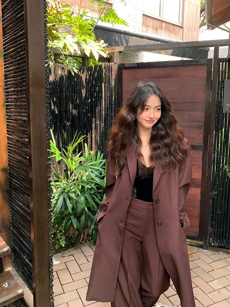 Relaxed-Fit Mid-Length Chocolate Oversized Blazer