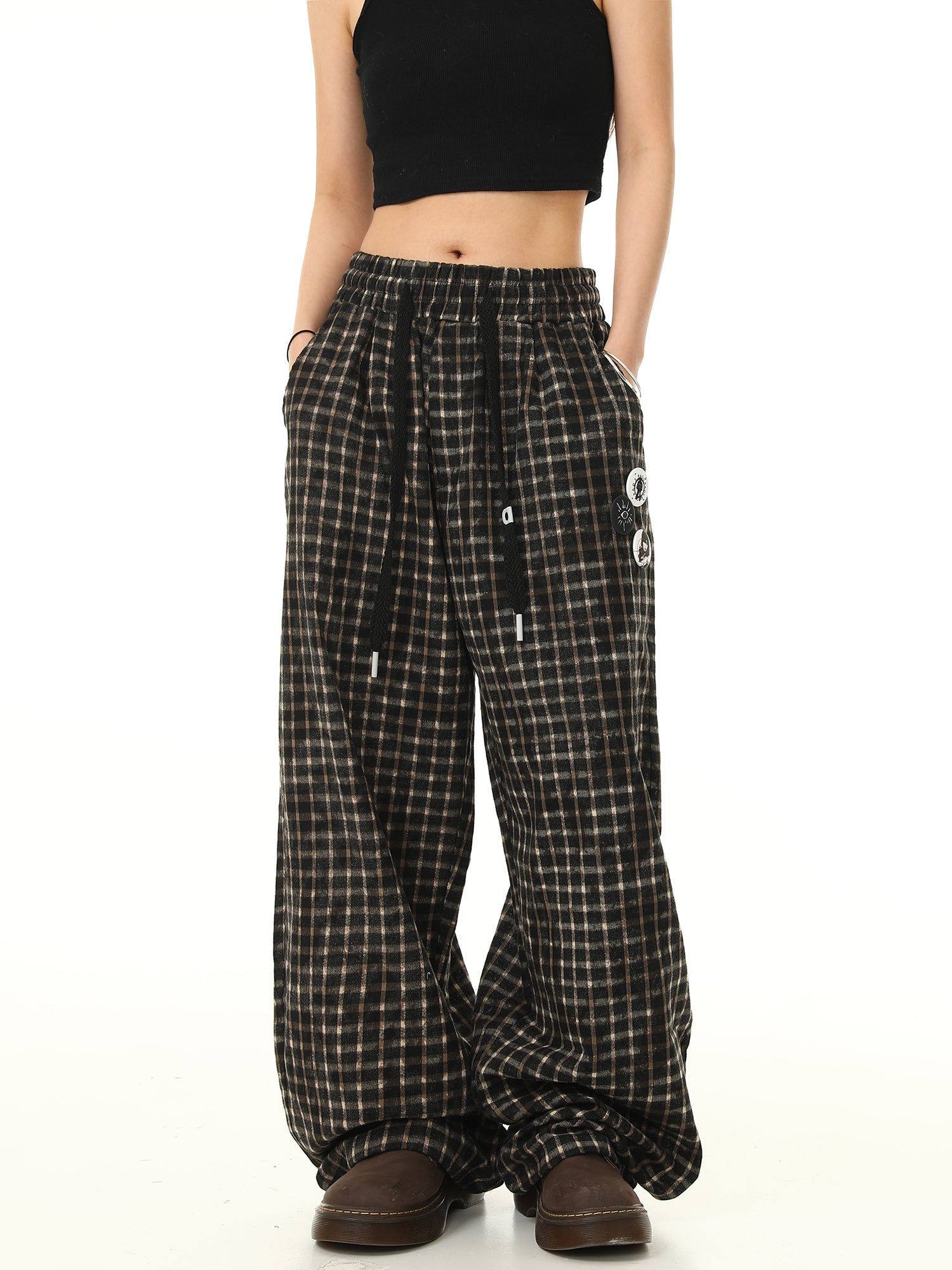 Check Print Wide Leg Track Pants