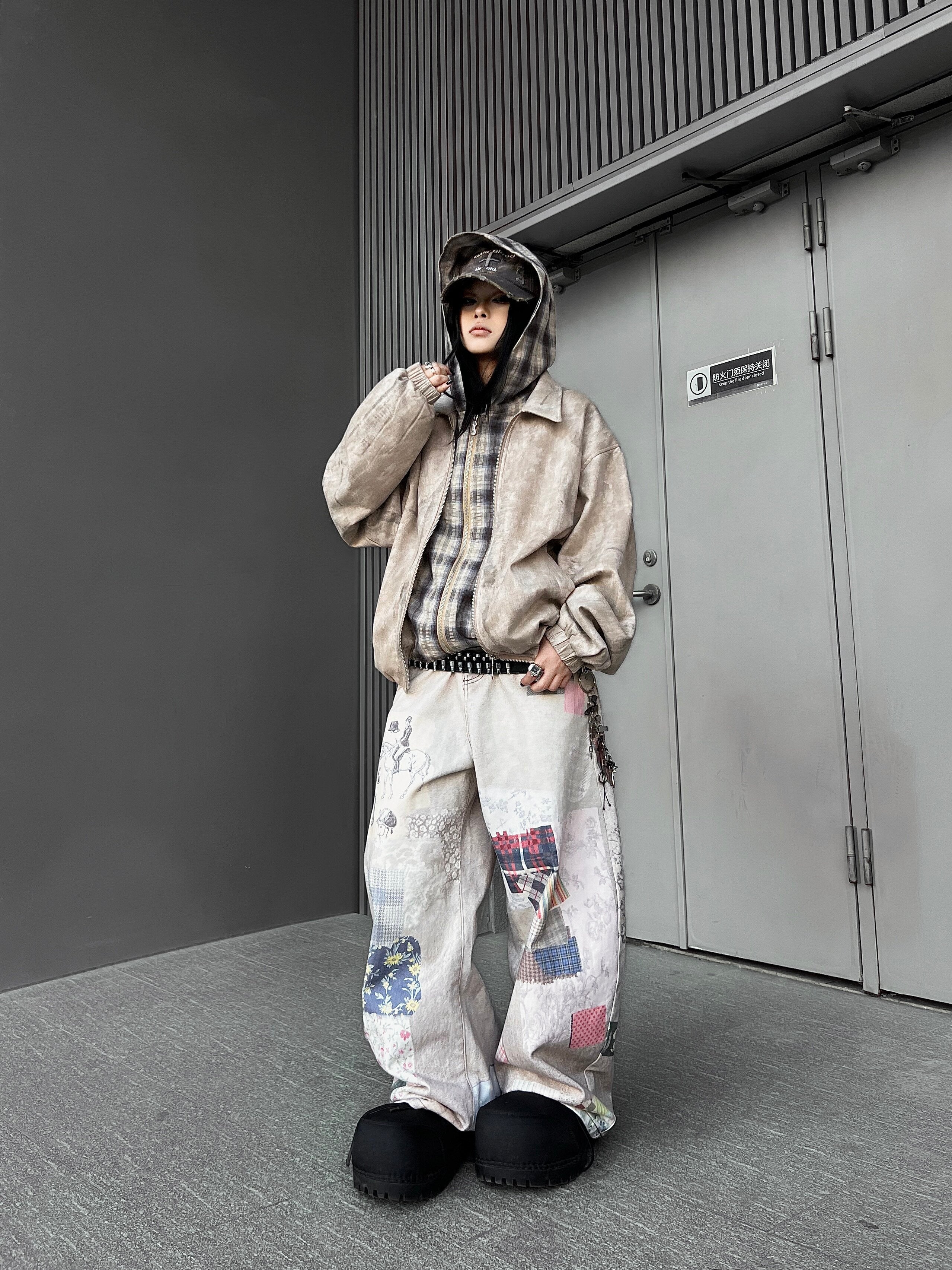 Men's 3D Digital-Print Mixed-Fabric Wide-Leg Jeans
