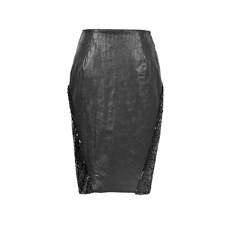 Black Snakeskin Mesh Faux Fur Pencil Skirt