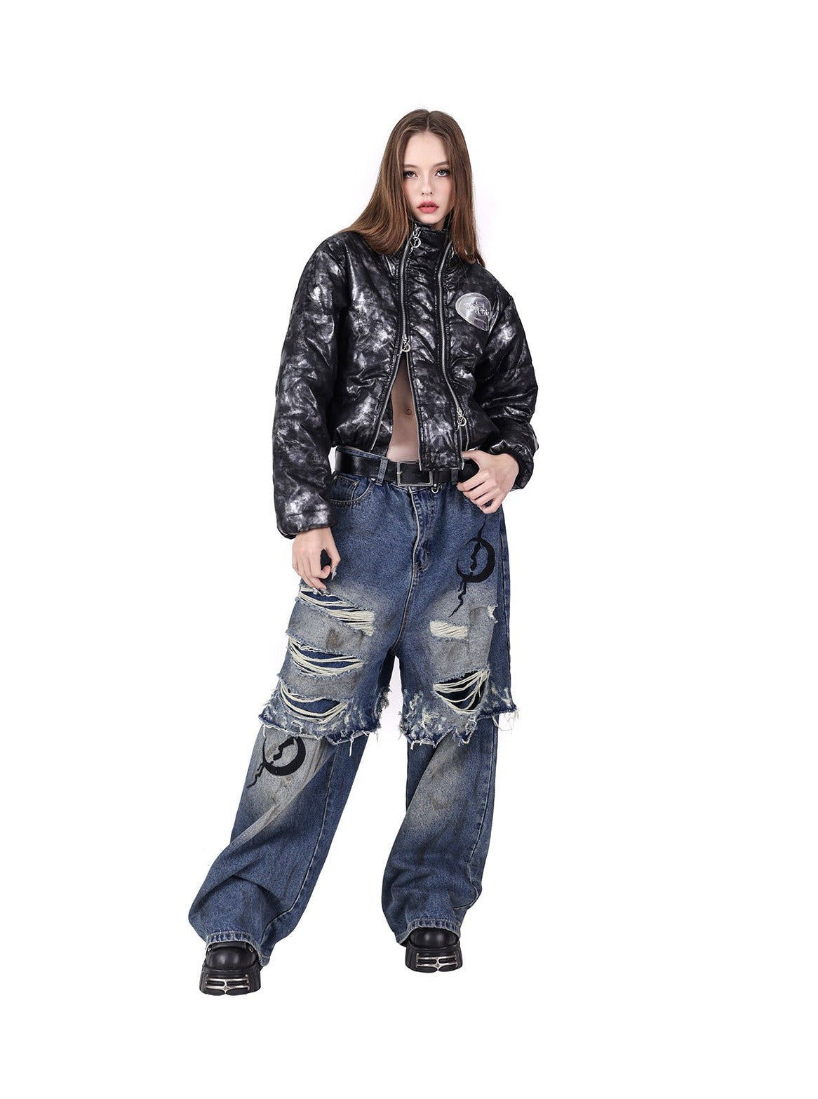 PINKSPINK Grunge Moon Layered Denim Jeans - Distressed Blue