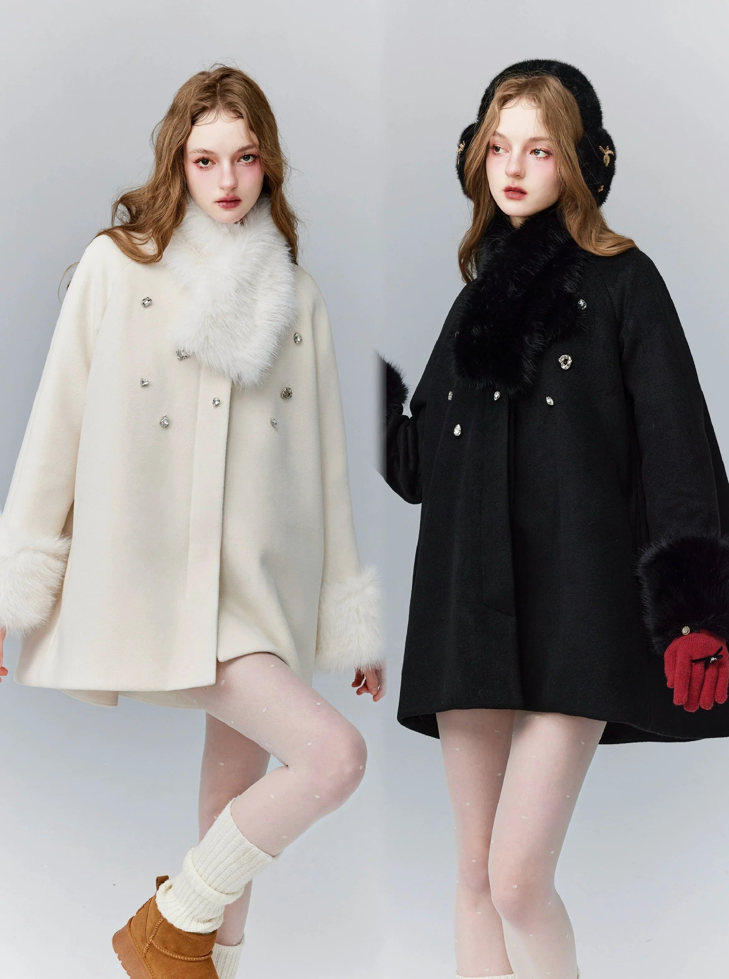 Luxe Faux Fur Trim Coat - Elegant Winter Jacket in Ivory and Black