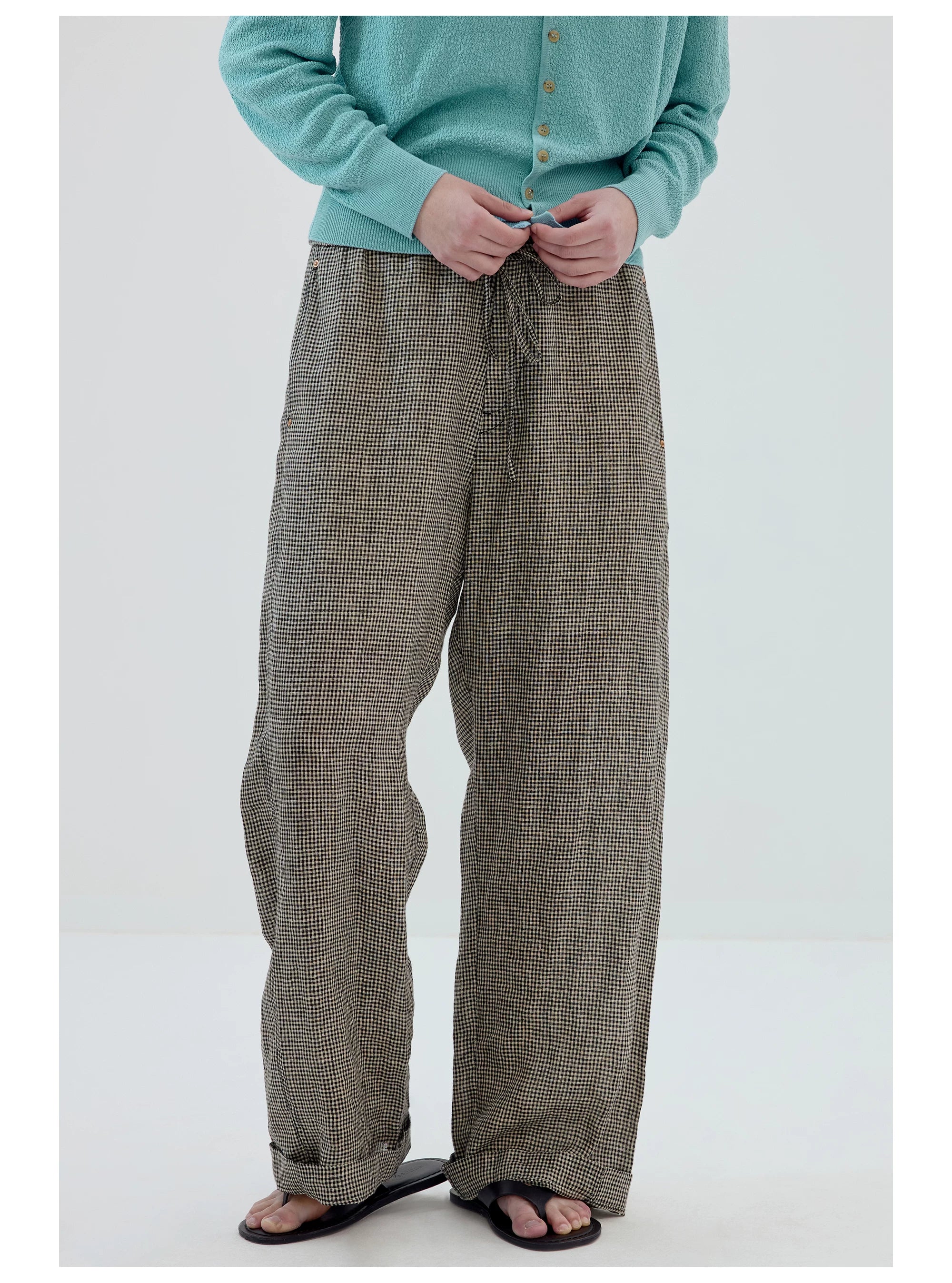 Microcheck Drawstring Wide-Leg Pants