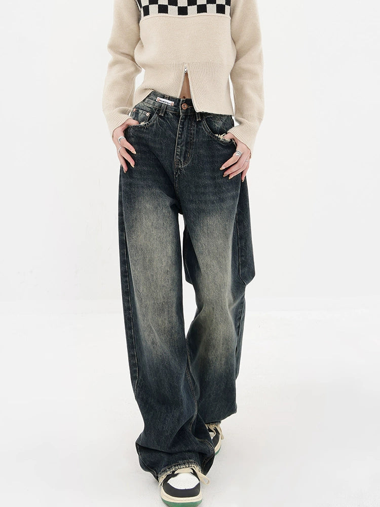 Vintage High Street Deep Blue Wide-Leg Denim Pants - chiclara