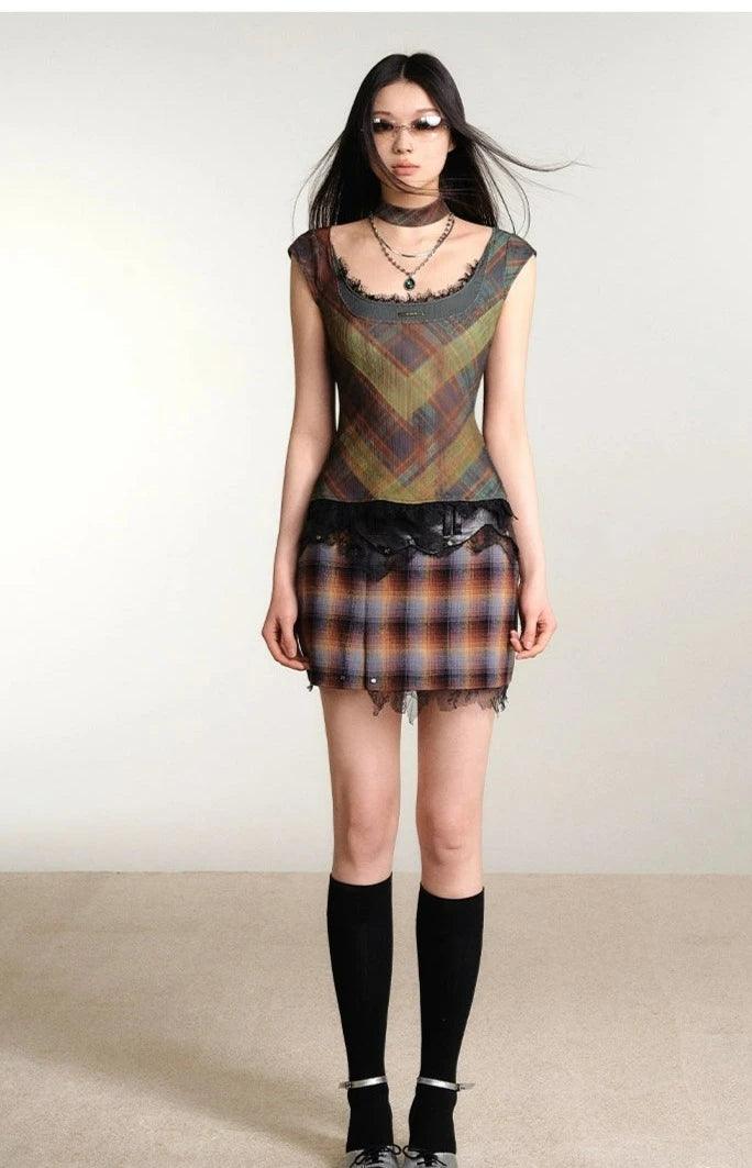 Of Akiva Vintage-Inspired Plaid Camisole Top - Women'S Sleeveless Scoop Neck Blouse With Lace Trim And Matching Choker