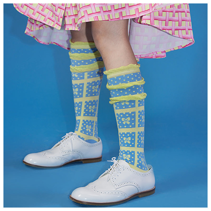 Polka Dot Bow Grid Knee Socks