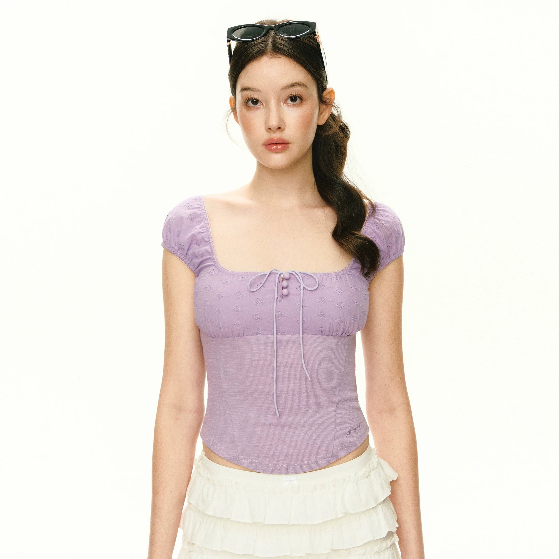Eyelet Puff-Sleeve Corset Top