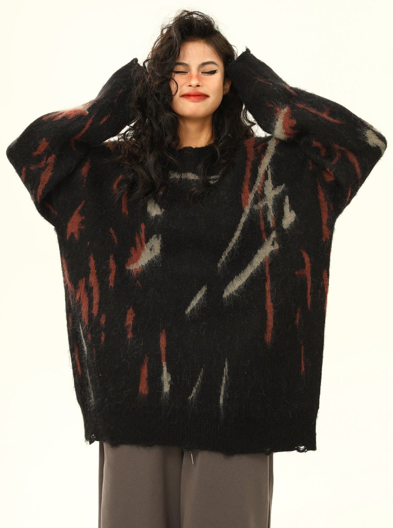 Distressed Abstract Pattern Oversized Sweater