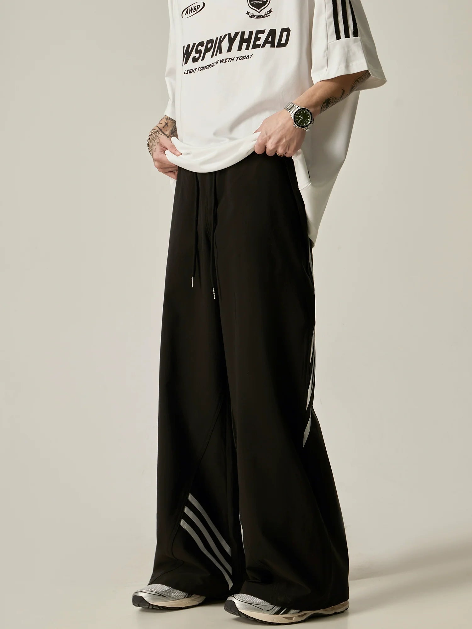 Wide-Leg Drawstring Track Pants with Contrast Stripes