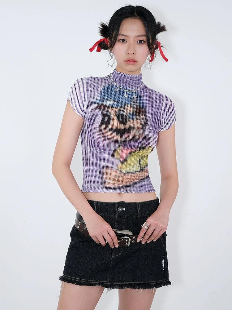 Cartoon Dog Print Ribbed Crop Top